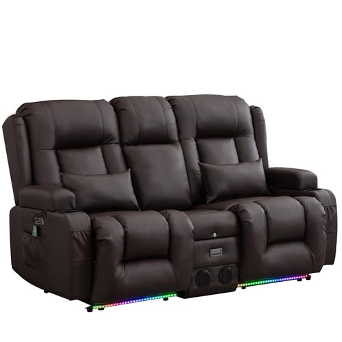 TUNYI Power Loveseat Recliner Sofa with Massage & Heat Home Theater Seating with Console RV Recliner Loveseat Sofa with USB/Storage/Side Pocket/LED Light/Speaker (Brown, Loveseat) - color: Brown, size: 2 Seat