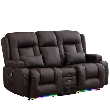 TUNYI Power Loveseat Recliner Sofa with Massage & Heat Home Theater Seating with Console RV Recliner Loveseat Sofa with USB/Storage/Side Pocket/LED Light/Speaker (Brown, Loveseat) - color: Brown, size: 2 Seat