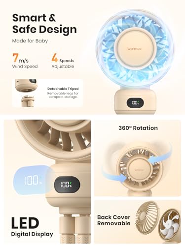 Warmco Portable Stroller Fan, 4000mAh Rechargeable Clip On Fan with Flexible Tripod (Up to 15H), 4 Speeds, LED Display, Detachable Grille, Quiet Operation, for Car Seat, Crib & Treadmill - color: Beige