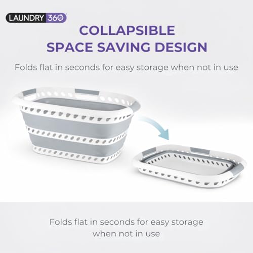 Laundry 360 Collapsible Laundry Basket 40L | Portable | Space Saver Storage | Hold 2 Loads | Store Under the Bed or Closet | Good for Kids | Dorm | Bedroom | Large | White/Grey - size: 1 Pack White 40L
