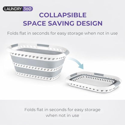 Laundry 360 Collapsible Laundry Basket 40L | Portable | Space Saver Storage | Hold 2 Loads | Store Under the Bed or Closet | Good for Kids | Dorm | Bedroom | Large | White/Grey - size: 1 Pack White 40L