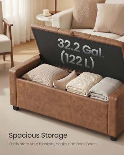 SONGMICS Storage Ottoman, Storage Chest Bench with Legs, End of Bed Bench with Safety Hinges, Pull Tab, for Living Room, Bedroom, 19.7 x 47.6 x 16.5 Inches, Synthetic Leather, Coffee Brown ULOM521KQ01 - color: Coffee Brown, style: Modern