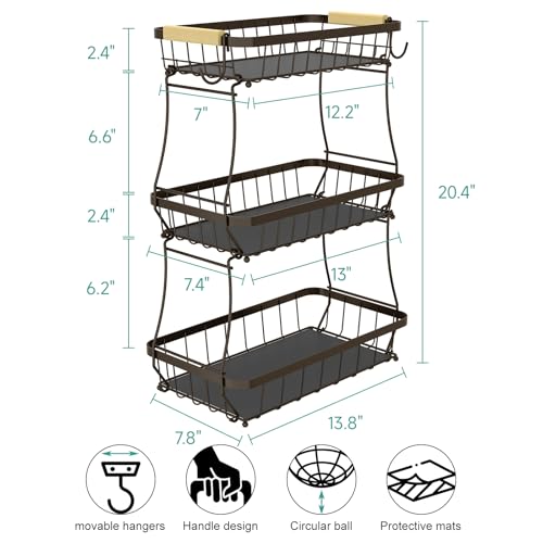 Sevenblue 2 Tier Large Fruit Basket for Kitchen Counter with 2 Mobile Banana Hangers, 2026 Pro Detachable Metal Fruit Bowl with Wooden Handle (Brown, 3 Tier) - color: Brown, size: 3 Tier Standard