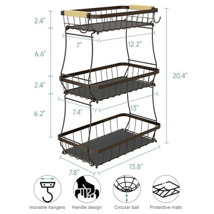 Sevenblue 2 Tier Large Fruit Basket for Kitchen Counter with 2 Mobile Banana Hangers, 2026 Pro Detachable Metal Fruit Bowl with Wooden Handle (Brown, 3 Tier) - color: Brown, size: 3 Tier Standard
