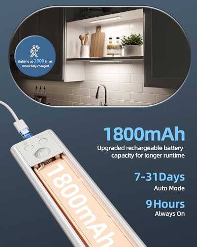 10inch Under Cabinet Lights, Motion Sensor Light Indoor, Wireless Closet Lights, 1800mAh Rechargeable Battery, Magnetic, 5 Levels Dimmable, Under Counter Lights for Kitchen, Bathroom (2 Pack) - size: 10inch