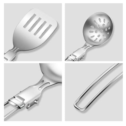 Stainless Steel Camping Cookware Set Practical Folding Soup Ladles Strainer Spatula For Outdoor Cooking Kitchen Utensils Picnics Cookware