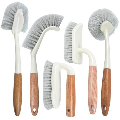 5-Pack Heavy Duty Scrub Brushes Set with Wooden Handles, Multi-Surface Scrubber for Kitchen, Bathroom, Tile & Grout, Includes Spherical, Triangle, Square & Dish Brush for Stubborn Stains