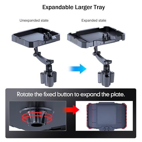 Larger Car Cup Holder Tray, 9~11 inch Expandable Car Food Tray for Eating Hamburger/Snacks, Car Travel Cup Coffee Table Stand 360° Rotating Tray Table with Phone Holder, Road Trip Essentials - color: Larger Tray