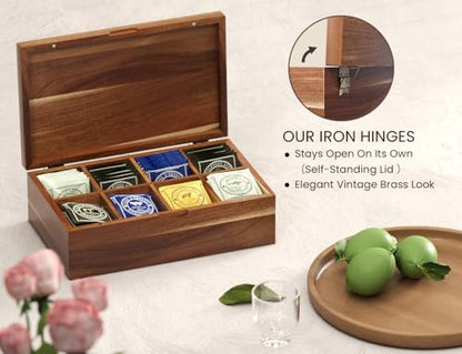 Acacia Wood Tea Bag Organizers, Tea and Sugar Packet Storage Chest with Lid, Wooden Teabag Holder Containers,Tea Box with 8 Compartments - size: Eight grids