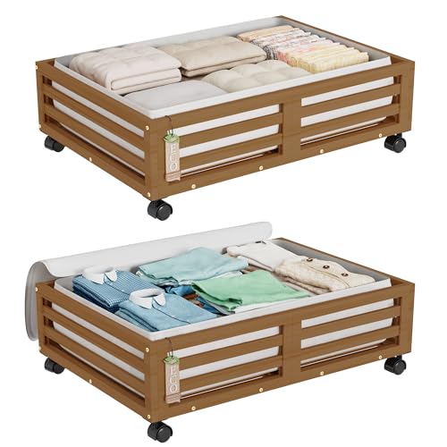 Wisuce Bamboo Under Bed Storage Containers- Underbed Organizer with Wheels with Dust Bag,Sturdy Wood Rolling Under the Bed Shoe Storage Organizer Drawers (Brwon, 2 Pack (23.62"×16.54")) - color: Walnut, size: 2 Pack (23.62"×16.54")