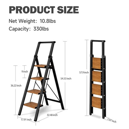 4 Step Ladder,Lightweight Folding Step Stool with Aluminum Wide Pedal& Convenient Handgrip,330lbs Capacity Steel Ladder for Household and Office(Black &Woodgrain) - color: Black&woodgrain, size: 4 Step