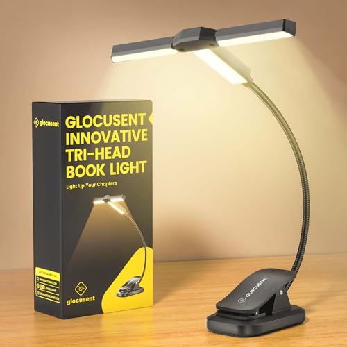 Glocusent Innovative Tri-Head Book Light for Reading in Bed, 3 Colors & 5 Brightness Levels, 1000mAh Rechargeable Reading Light with 30-Min Timer, 10-100Hrs, Partner Friendly, Perfect for Book Lovers