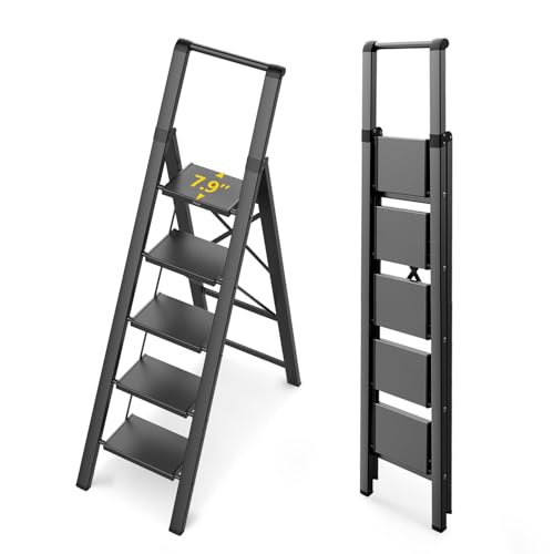 WOA WOA 5 Step Ladder for 10 Feet High Ceiling, Lightweight Foldable Ladder with Non-Slip Wide Pedals, Step Stool with Safe Handrail, Space Saving for Home, Kitchen, Indoor & Outdoor 300lbs - Black - color: Black, size: 5 Step