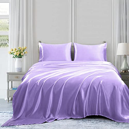 Homiest 3pcs Satin Sheets Set Luxury Silky Satin Bedding Set with Deep Pocket, 1 Fitted Sheet + 1 Flat Sheet + 1 Pillowcase (Twin Size, Lavender) - color: Lavender, size: Deep pocket - Twin size