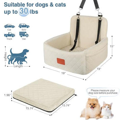 WOOAIDAGG Dog Car Seat for Under 30lbs Dogs,Comfy Febric Fill in Memory Foam,Washable and Detachable Pet Travel Car Bed,Anti-Slip Bottom,2 Safety Leashes & Storage Pockets(Beige) - color: Beige