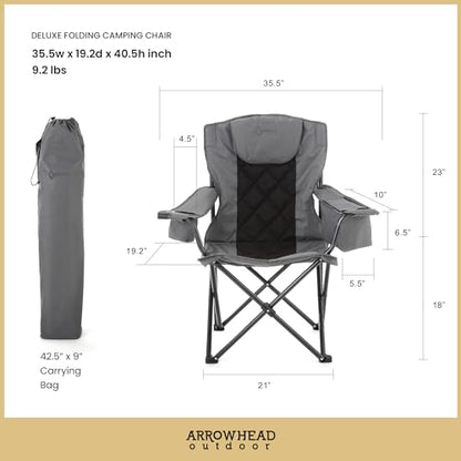 ARROWHEAD OUTDOOR 2-Pack Portable Deluxe Folding Camp Quad Chair w/Headrest, Glass & Cup Holders, Armest 6-can Cooler, Heavy Duty Carry Bag, 550 lbs Weight Capacity - color: Grey 2pack