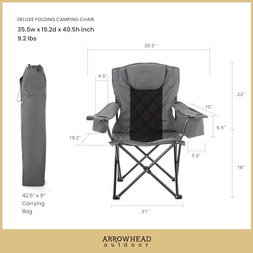 ARROWHEAD OUTDOOR Portable Deluxe Folding Camp Quad Chair w/Headrest, Glass & Cup Holders, Armest 6-can Cooler, Heavy Duty Carry Bag, 550 lbs Weight Capacity - color: Grey