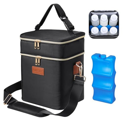 PIIOSER Breastmilk Cooler Bag with Ice Pack Fits 6 Baby Bottles Up to 9 Ounce, Insulated Baby Bottle Tote Bags, Double Layer Waterproof Leak-Proof with Shoulder Strap for Nursing &Working Mom - color: Black