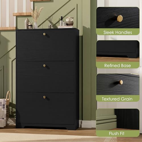 Nicetree Shoe Cabinet with 3 Flip Drawers, Narrow Shoe Organizer Cabinet, Freestanding Shoe Rack Cabinet, Modern Shoe Storage Cabinet for Entryway, Hallway, Foyer, Black - color: Black, style: 3-Drawers