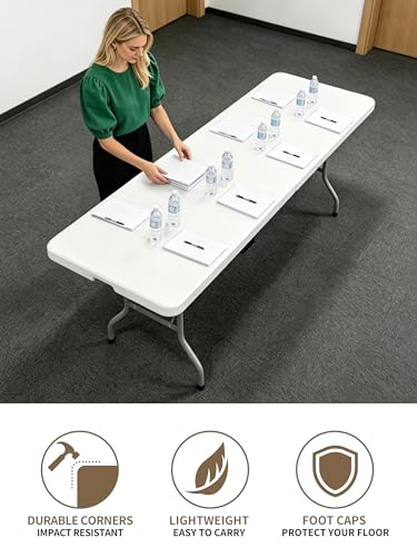 8 Foot Folding Table Portable, 8FT Folding Dining Table for Indoor Outdoor, Heavy Duty Fold-in-Half Plastic Long Large Rectangular Utility Card Tables for Picnic Camping Party, 95x29 inch - size: 8 FT