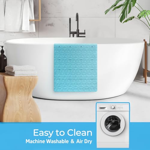 Non Slip Bathtub Mat for Bath Tub Shower Safety - Natural Rubber Mat with Suction Cups ＆ Drain Holes - BPA/PVC Free Large Bathroom Mat - Machine Washable - Unique Diamond Pattern - 17 × 35 Inch - color: Blue With Holes, size: 35" x 17" (Rectangular)