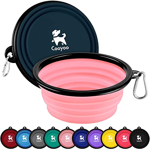 COOYOO Collapsible Dog Bowl,2 Pack Collapsible Dog Water Bowls for Cats Dogs,Portable Pet Feeding Watering Dish for Walking Parking Traveling with 2 Carabiners - color: 06#Pink+Dark Blue, size: Large