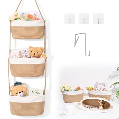 Hanging Basket, 3-Tier Woven Wall Basket with 4 Hooks, Cotton Rope Storage Baskets, Over the Door Organizer for Nursery, Bedroom, Cottage and Boho Wall Decor - color: Jute & White, size: Premium