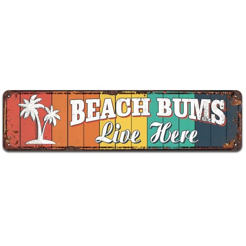 Beach Bums Live Here, Tiki Bar Decoration, Beach Themed Decor, Decorative Wall Sign, Home Decor, Metal Tin Signs 4x16 Inches - color: V-115