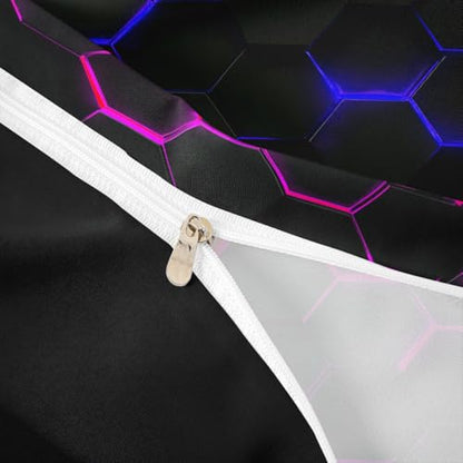 3D Honeycomb Duvet Cover Set King Size,Hexagon Theme with Pink Blue Neon Lights Comforter Cover,Boys Teen Man Chic Creative Home Bedding Quilt Cover 3 Piece with 2 Pillowcases,Black - color: Multi 01, size: King 104"x90"