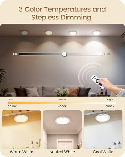 Rechargeable Motion Sensor Ceiling Light with Remote, Wireless Ceiling Light Battery Operated, No Wiring, Magnetic, Dimmable Shower Light, Timer, 3 Color 6000K, Rechargeable Light for Closet Hallway - style: 3 Color Temperatures