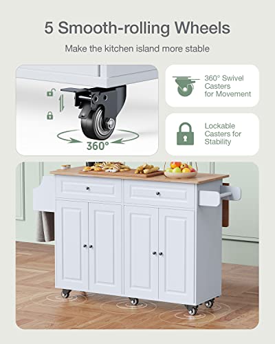 QSun Kitchen Island on Wheels Kitchen Cart with Rubber Wood Top, Mobile Kitchen Island with Double Storage Cabinet and Drawers, Island Table for Kitchen (White) - color: White