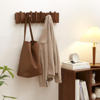 QUELLANCE Wood Coat Rack Wall Mount, Coat Hooks Hanger Wall Mounted, Heavy Duty Wall Coat Rack with 8 Hooks for Hanging Coats/Keys/Hats/Robe&Towels/Plants/Bags, Walnut - size: 8 Hooks
