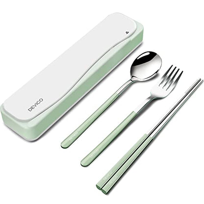 DEVICO Travel Utensils, 18/8 Stainless Steel 4pcs Cutlery Set Portable Camp Reusable Flatware Silverware, Include Fork Spoon Chopsticks with Case (Green) - color: Green