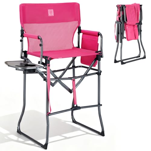 EVER ADVANCED Portable 30.7" Seat Height Tall Folding Camping Chair Directors Chair High Foldable Bar Stool with Side Table for Makeup Artist, Sports Event, Craft Show, Textilene Mesh, Supports 350LBS - color: Pink Mesh