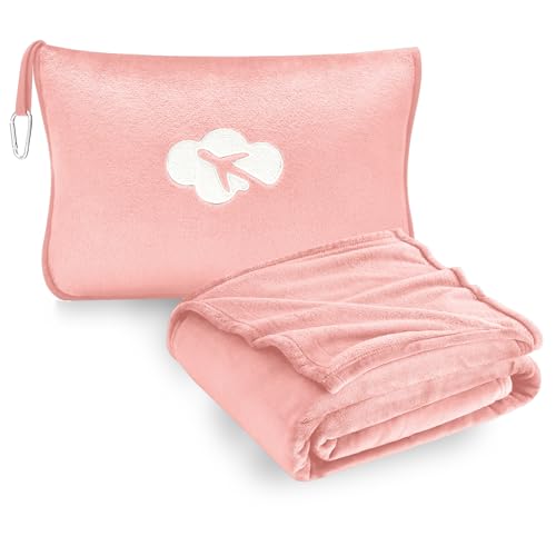Travel Blanket and Pillow Compact, Premium Soft 2 in 1 Airplane Blanket with Soft Bag Pillowcase，Hand Luggage Sleeve and Backpack Clip (Solid Pink) - color: Solid Pink