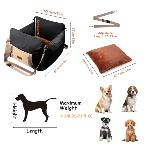 Dog Car Seats for Small Dogs, 2-in-1 Pet Booster Seat with Side-Zip Expandable Bed, Handles and a Storage Pocket, Clip-On Safety Leash and PP Cotton Filling, Vehicle Bed for Puppy up to 25 lbs (Black) - color: Black