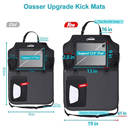Oasser Seat Back Protector Kick Mats Backseat Car Organizers | 2 Pack, 1 Tissue Box, 12.9" Touch Screen Tablet Holder, Large Back of Seat Protector and Storage for Kids, 8 Pockets, Black