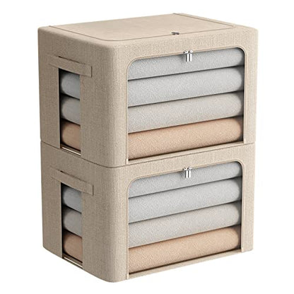 FHSQX 2 Pack Clothes Storage Bins with Metal Frame, Beige, 15.7x11.8x11.7 Inch - color: Beige, size: 15.7x 11.8x 11.7 Inch