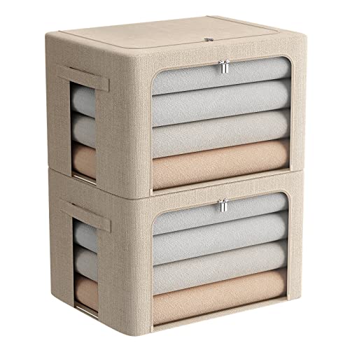 FHSQX 2 Pack Clothes Storage Bins with Metal Frame, Beige, 15.7x11.8x11.7 Inch - color: Beige, size: 15.7x 11.8x 11.7 Inch
