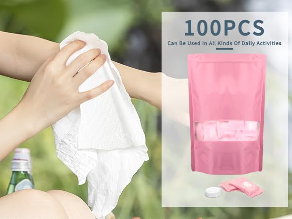 Classycoo Compressed Towel 100 PCS Tablets - Thick, Individually Wrapped Portable Disposable Face Towel Cotton Coin Cloth for Travel, Camping, Hiking, Beauty, Cloths(Soft, Odorless, 9.64 x 7 IN) - size: 1 Count (Pack of 100), style: Large+ Thickened(Rose