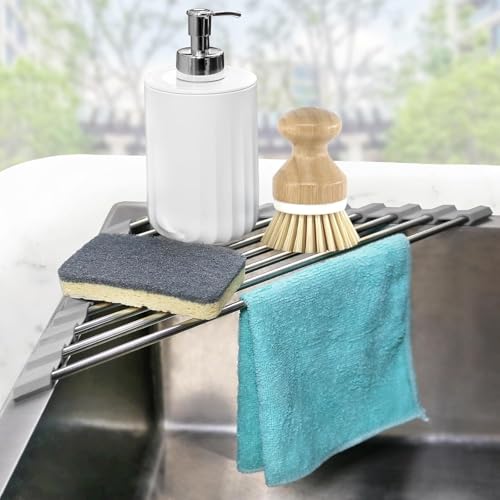 Corner Sink Caddy Triangle Dish Drying Rack for Sink Corner, Sponge Holder Roll Up Dish Drying Rack Over The Sink, Stainless Steel Kitchen Sink Organizer Drainer Mat Sponge Caddy for Counter Storage - color: Gray