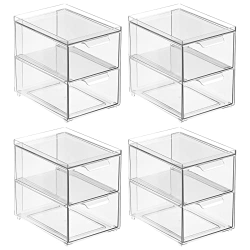 mDesign Stackable Storage Containers Box with 2 Pull-Out Drawers - Stacking Plastic Drawer Bins for Master or Guest Bathroom, Linen Closet, Vanity, Makeup Table Lumiere Collection 4 Pack, Clear - size: 8 x 6 x 7(Pack of 4)