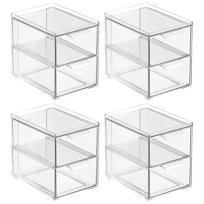 mDesign Stackable Storage Containers Box with 2 Pull-Out Drawers - Stacking Plastic Drawer Bins for Master or Guest Bathroom, Linen Closet, Vanity, Makeup Table Lumiere Collection 4 Pack, Clear - size: 8 x 6 x 7(Pack of 4)