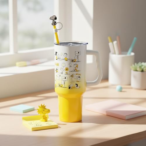 Silver Buffalo Peanuts Iconic Scenes Charlie Brown, Snoopy, Woodstock, Lucy, Sally, Linus Double Walled Stainless Steel Tumbler with Handle, Straw, & Straw Cap, Fits in Standard Cup Holder, 40 Ounces - color: Peanuts Iconic Scenes