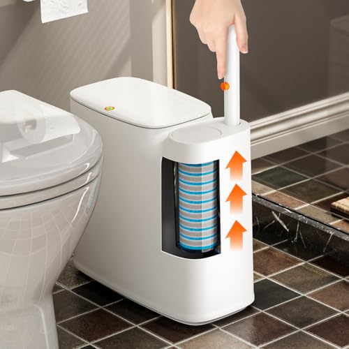 CTIME Bathroom Trash Can Set - Narrow White Plastic Small Trash can, a Toilet Wand, Toilet Brush Holder and 36 Refills, 2 Gallon Trash can with pop-up lid, Suitable for bathrooms and Small Toilets.