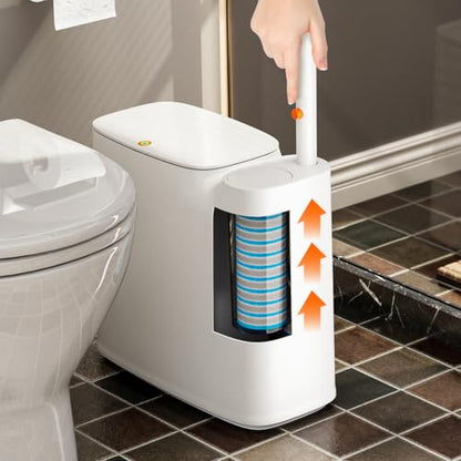 CTIME Bathroom Trash Can Set - Narrow White Plastic Small Trash can, a Toilet Wand, Toilet Brush Holder and 36 Refills, 2 Gallon Trash can with pop-up lid, Suitable for bathrooms and Small Toilets.