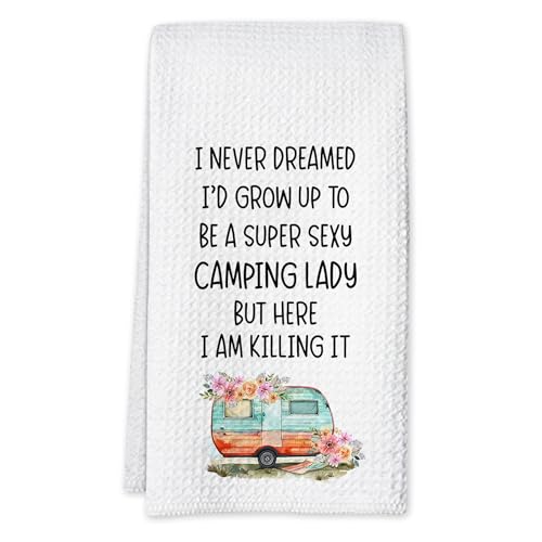 Camping Kitchen Towels 16x24 Waffle Weave, I Never Dreamed I’d Grow Up to Be a Super Sexy Camping Lady Dish Towels, Camp RV Gifts for Women, Gifts for Campers -A01 - color: Camping_01