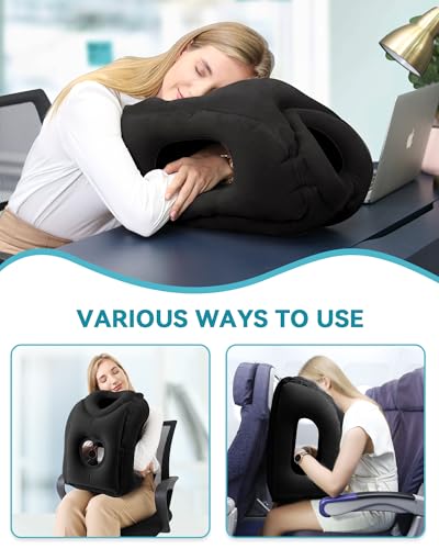 Travel Pillow,Inflatable Airplane Pillow for Sleeping to Avoid Neck and Shoulder Pain,Supports Head and Chin Used for Airplane,Car,Bus and Office - color: Black(upgraded)