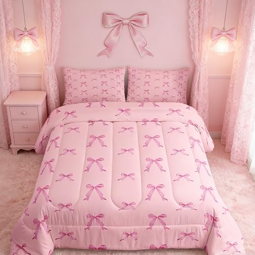 Feelyou Kids Pink Bow Comforter Set,Cute Bowknot Bedding Set Twin Size,Girls Bedroom Room Decor,Dreamy Princess Style Comforter,Kawaii Bow Tie Bed Set for All Season - color: Light Pink, size: Twin