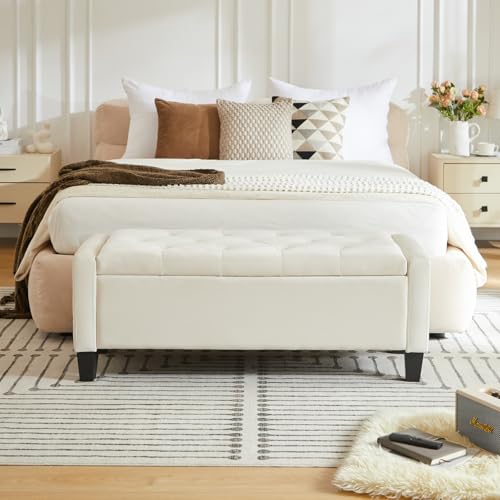 Velvet Storage Ottoman Bench for Bedroom, End of Bed Bench with Button, Side Storage Pockets, Organizer Storage Chest, Upholstered Foot Rest, Load up to 400 lb, for Living Room, Entryway, Beige
